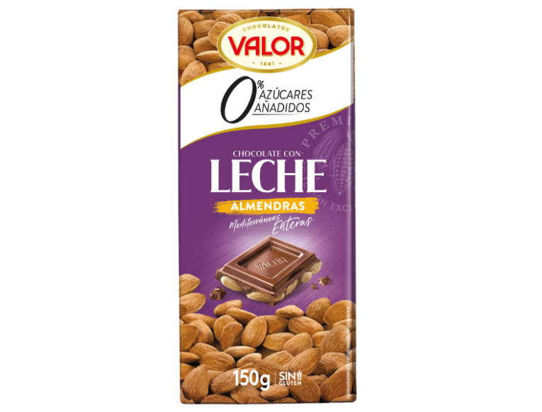 CHOCO. VALOR CON LECHE Y ALMENDRAS 0% AZUCARES AÑADIDOS 150 G