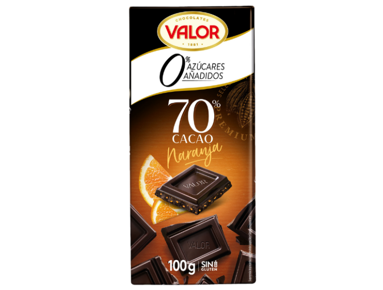 CHOCO. VALOR NEGRO (70% ) Y NARANJA 0% AZUCARES AÑADIDOS 100 G